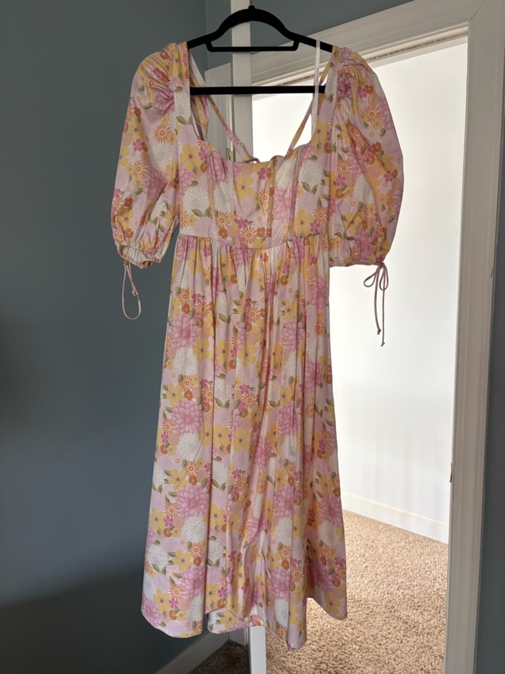 For Love & Lemons Pink and Yellow Floral Puff Sleeve Midi Dress